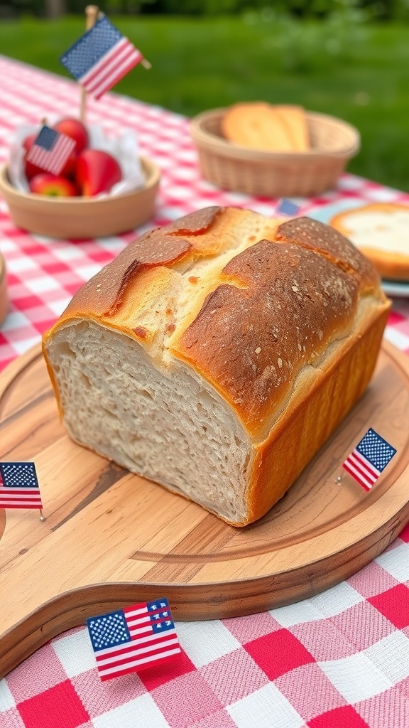 Patriotic Sourdough Bread for 4th of July A golden-brown sourdough bread loaf on a wooden board, decorated with 4th of July elements.